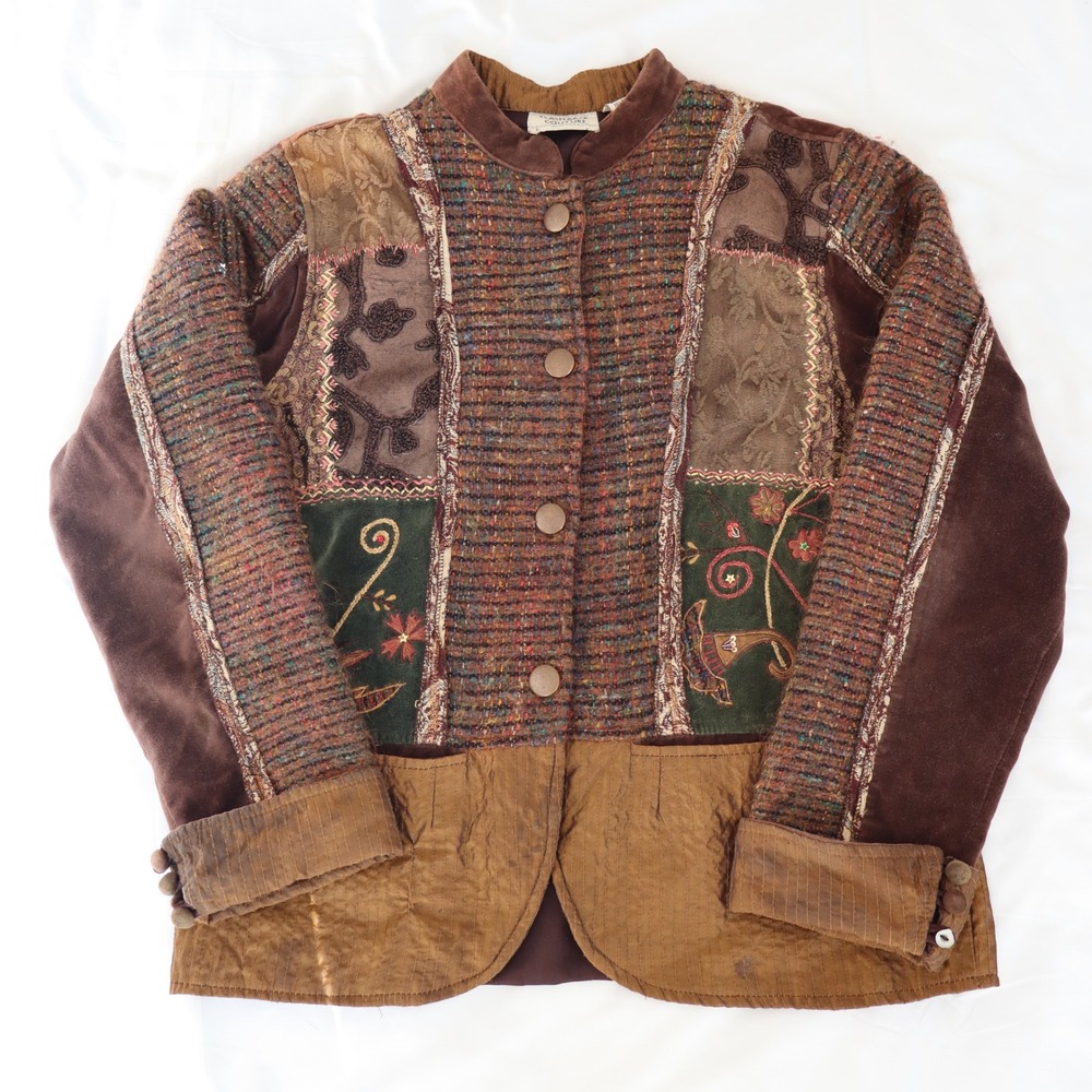 Flashback Couture Patchwork Button Up Jacket Large Boho Cottagecore Artsy Brown